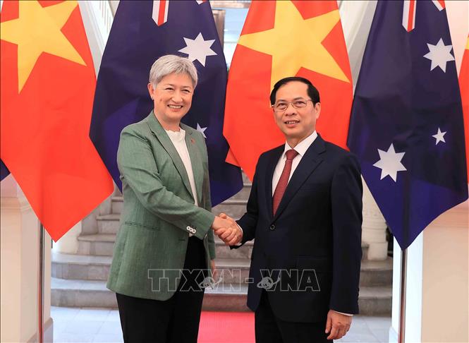 Phó Thủ tướng, Bộ trưởng Ngoại giao Bùi Thanh Sơn đón Bộ trưởng Ngoại giao Australia Penny Wong. Ảnh: An Đăng - TTXVN