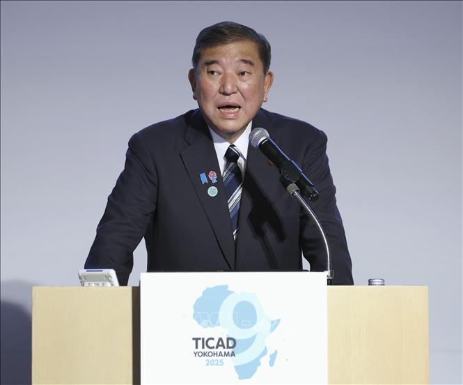 Thủ tướng Nhật Bản Shigeru Ishiba phát biểu tại Hội nghị Quốc tế Tokyo về Phát triển châu Phi (TICAD) ở Yokohama, ngày 20/8/2025. Ảnh: Kyodo/TTXVN