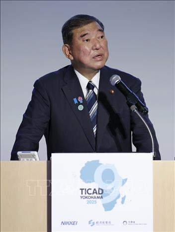 Thủ tướng Nhật Bản Shigeru Ishiba phát biểu tại Hội nghị Quốc tế Tokyo về Phát triển châu Phi (TICAD) ở Yokohama, ngày 20/8/2025. Ảnh: Kyodo/TTXVN