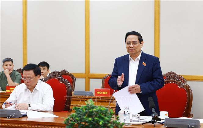 Thủ tướng Phạm Minh Chính phát biểu tại buổi làm việc với Ban Thường vụ Tỉnh uỷ Sơn La. Ảnh: Dương Giang-TTXVN 
