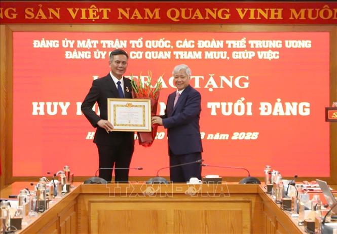 Đồng chí Đỗ Văn Chiến, Ủy viên Bộ Chính trị, Bí thư Trung ương Đảng, Bí thư Đảng ủy MTTQ, các đoàn thể Trung ương, Chủ tịch Ủy ban Trung ương MTTQ Việt Nam trao Huy hiệu 30 năm tuổi Đảng cho đồng chí Trần Thắng, Phó Bí thư Đảng ủy MTTQ, các đoàn thể Trung ương. Ảnh: TTXVN phát