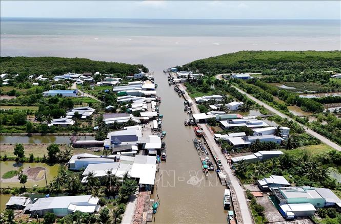 Cửa biển Hương Mai, nơi rừng phòng hộ đang phục hồi tốt phía sau kè chắn sóng được đầu tư hoàn chỉnh. Ảnh: Hồng Đạt - TTXVN