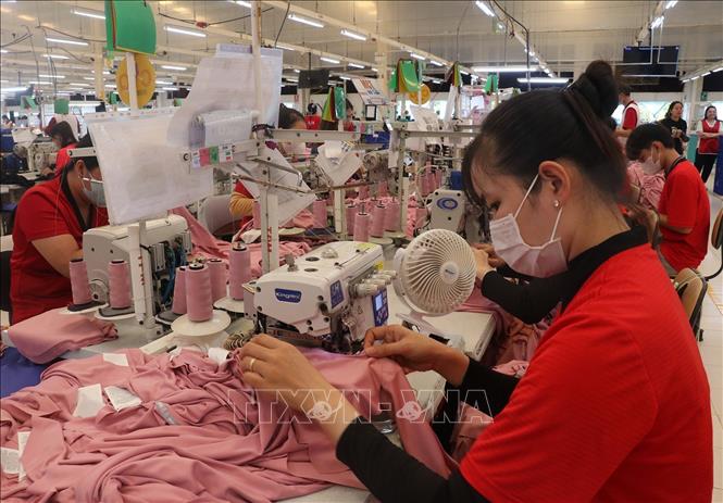 Công nhân Công ty TNHH NV APPAREL, Khu Công nghiệp Bình Hòa, tỉnh An Giang sản xuất hàng may mặc xuất khẩu. Ảnh: Lê Huy Hải - TTXVN