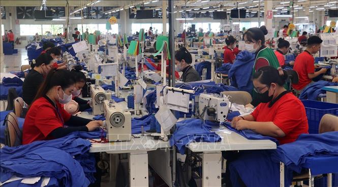 Công nhân Công ty TNHH NV APPAREL, Khu Công nghiệp Bình Hòa, tỉnh An Giang sản xuất hàng may mặc xuất khẩu. Ảnh: Lê Huy Hải - TTXVN