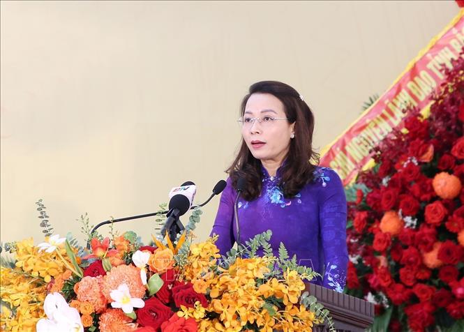 Phó Bí thư Thường trực Tỉnh ủy Bắc Ninh Nguyễn Thị Hương phát biểu tại Đại hội. Ảnh: Thái Hùng- TTXVN