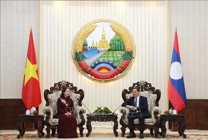 Thủ tướng Chính phủ Lào Sonexay Siphandone (phải) tiếp Phó Chủ tịch nước Võ Thị Ánh Xuân. Ảnh: Xuân Tú - PV TTXVN tại Lào