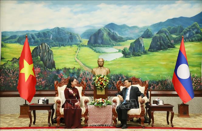 Tổng Bí thư, Chủ tịch nước Lào Thongloun Sisoulith (phải) tiếp Phó Chủ tịch nước Võ Thị Ánh Xuân. Ảnh: Xuân Tú - PV TTXVN tại Lào