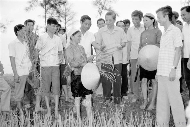 Tổng Bí thư Nguyễn Văn Linh thăm cánh đồng lúa Hợp tác xã Hải Vân, huyện Hải Hậu trong chuyến về thăm và làm việc tại tỉnh Hà Nam Ninh (25 - 29/5/1988). Ảnh: Xuân Lâm - TTXVN