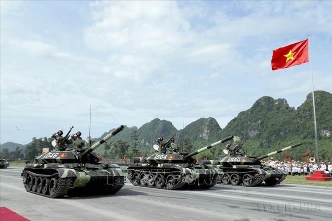 Khối xe Tăng thiết giáp tham gia tổng hợp luyện diễu binh, diễu hành lần 2 nhân kỷ niệm 80 năm Cách mạng tháng Tám và Quốc khánh 2/9 (A80). Ảnh: Tuấn Anh - TTXVN