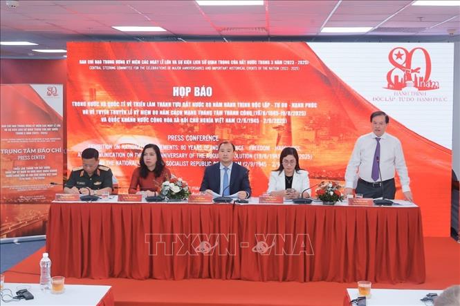 Họp báo trong nước và quốc tế về Triển lãm thành tựu Đất nước 80 năm hành trình Độc lập - Tự do - Hạnh phúc và về Lễ kỷ niệm 80 năm Cách mạng tháng Tám thành công (19/8/1945 - 19/8/2025), Quốc khánh nước Cộng hòa xã hội chủ nghĩa Việt Nam (2/9/1945 - 2/9/2025). Ảnh: Minh Quyết - TTXVN