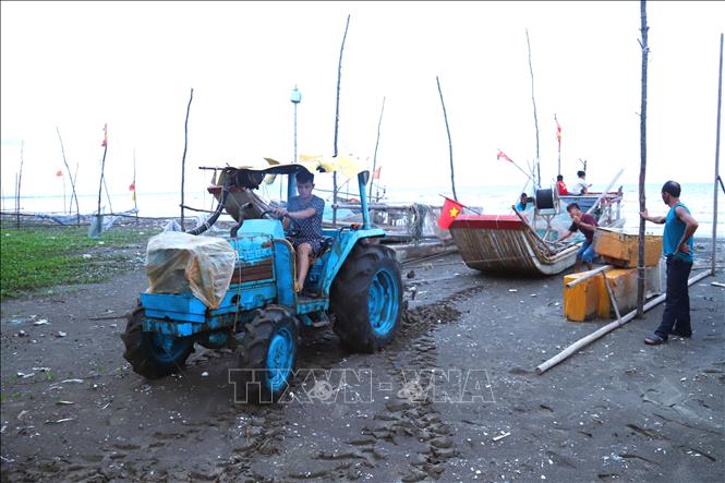 Những bè mảng cuối cùng của ngư dân các làng biển được kéo lên bờ vào khu vực cao, an toàn toàn để tránh triều cường, sóng lớn. Ảnh: Xuân Tiến - TTXVN 