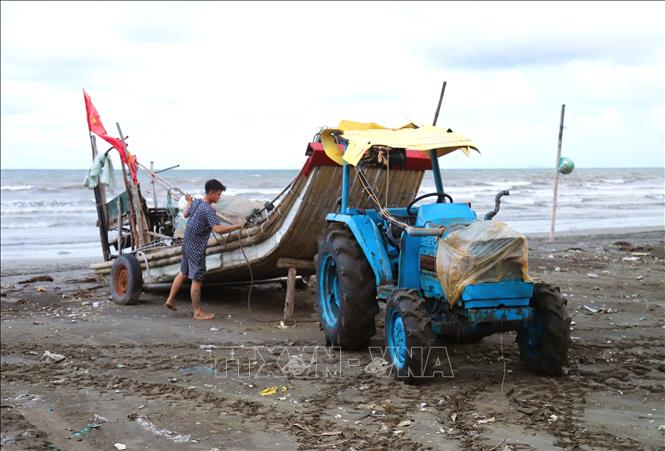 Ngư dân xã Hải Châu (tỉnh Nghệ An) dùng máy kéo kéo bè mảng vào bờ, lên chỗ cao để phòng tránh triều cường, sóng lớn. Ảnh: Xuân Tiến - TTXVN 