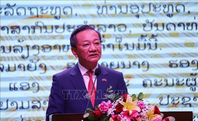 Đại sứ Việt Nam tại Lào Nguyễn Minh Tâm phát biểu tại sự kiện. Ảnh: Xuân Tú - PV TTXVN tại Lào
