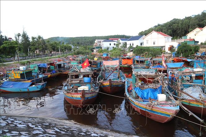 Các loại phương tiện tàu, thuyền kích thước nhỏ của ngư dân xã Quỳnh Phú (tỉnh Nghệ An) đã vào hẳn trong lạch nhỏ kín gió, có bờ đê ngăn cách để tránh trú bão. Ảnh: Xuân Tiến - TTXVN 
