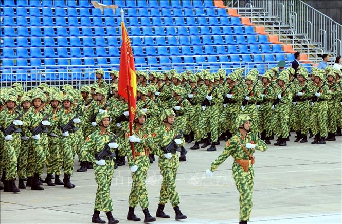 Khối chiến sĩ Phòng hoá tập luyện trên Quảng trường Ba Đình trước giờ hợp luyện. Ảnh: Tuấn Anh - TTXVN