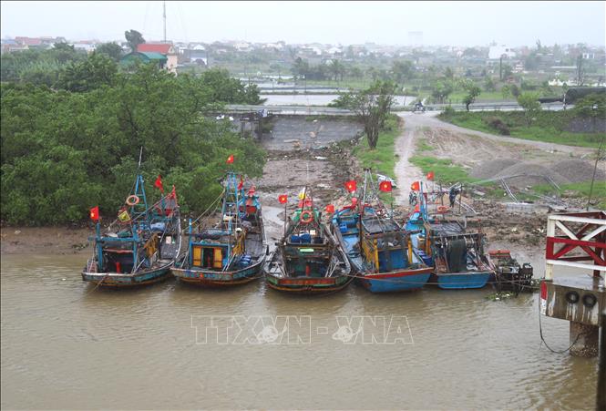 Fishermen in Dien Chau commune, Nghe An province, anchor their vessels in a safe place on Dien Kim river. VNA Photo