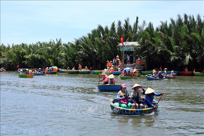 Colourful basket boats take visitors for a ride deep in Bay Mau coconut forest. VNA Photo: Đỗ Trưởng