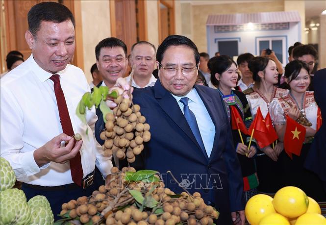Thủ tướng Phạm Minh Chính tham quan trưng sản phẩm OCOP tại Hội nghị tổng kết Chương trình và Phong trào thi đua “Cả nước chung tay xóa nhà tạm, nhà dột nát”. Ảnh: Dương Giang-TTXVN 
