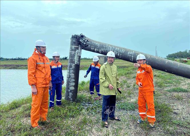 Cán bộ điện lực kiểm tra, xử lý sự cố ở xã Cẩm Xuyên. Ảnh: Công Tường-TTXVN