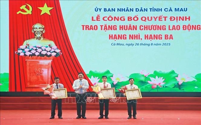 Chủ tịch UBND tỉnh Phạm Thành Ngại trao Huân chương Lao động cho các cá nhân có thành tích xuất sắc. Ảnh: Huỳnh Anh - TTXVN