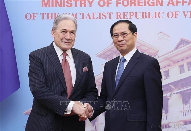 Bộ trưởng Ngoại giao Bùi Thanh Sơn và Phó Thủ tướng, Bộ trưởng Ngoại giao New Zealand Winston Peters đồng chủ trì Hội nghị Bộ trưởng Ngoại giao Việt Nam-New Zealand lần thứ 2 (Hà Nội, 6/5/2024). Ảnh: An Đăng - TTXVN