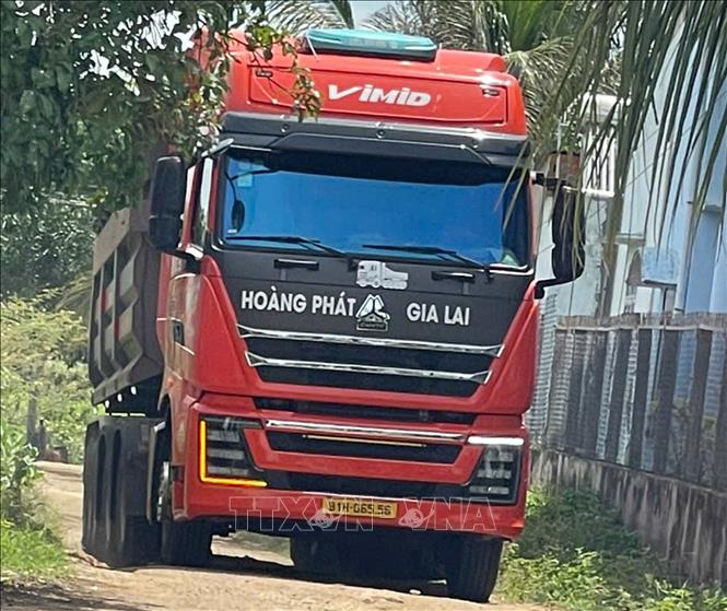 Xe đầu kéo của nhà xe Hoàng Phát Gia Lai vận chuyển cát từ mỏ cát Gia Duy đi tiêu thụ. Ảnh: Hoài Nam – TTXVN