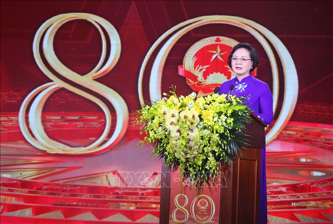 Bộ trưởng Bộ Nội vụ Phạm Thị Thanh Trà đọc Diễn văn kỷ niệm 80 năm Ngày thành lập Bộ Nội vụ và tổng kết phong trào thi đua yêu nước giai đoạn 2020-2025. Ảnh: Văn Điệp – TTXVN