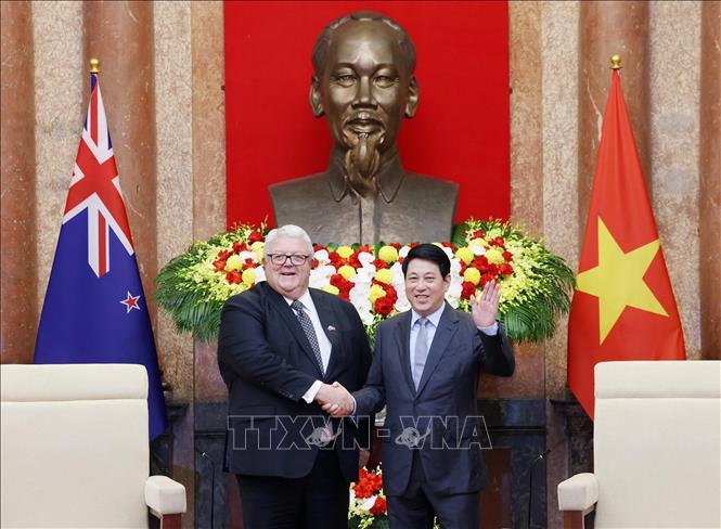 Chủ tịch nước Lương Cường tiếp Chủ tịch Quốc hội New Zealand Gerry Brownlee. Ảnh: Lâm Khánh - TTXVN