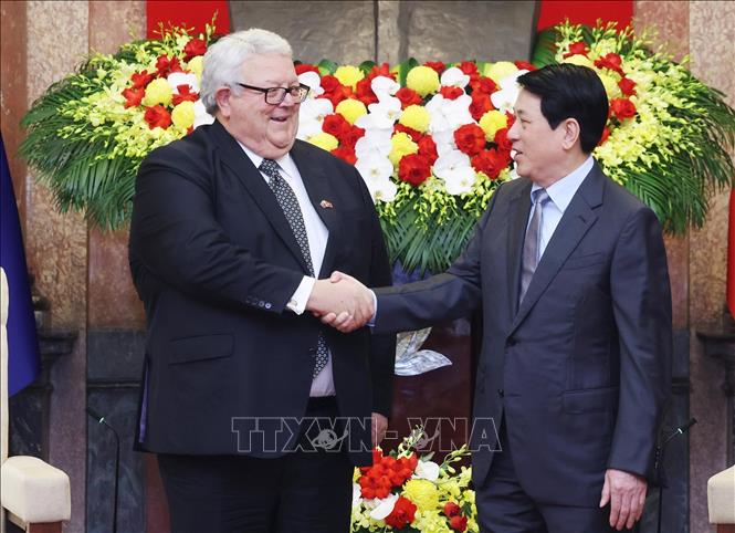 Chủ tịch nước Lương Cường tiếp Chủ tịch Quốc hội New Zealand Gerry Brownlee. Ảnh: Lâm Khánh - TTXVN