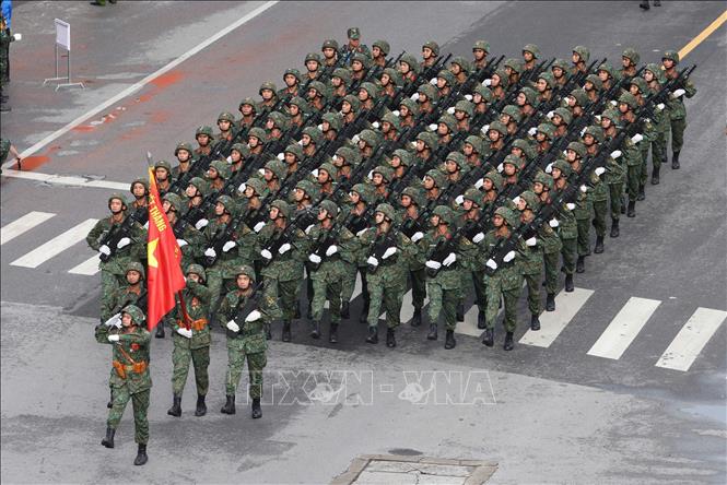 Các khối quân đội tiến qua khu vực phố Tràng Thi. Ảnh: Công Đạt - TTXVN