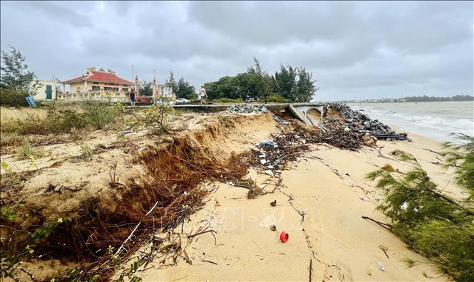 Sau nhiều đợt bão lũ, sóng biển đã cuốn trôi hầu hết diện tích cát, ăn sâu vào bờ khiến ngôi Đền Ngư Ông đang bị đe dọa. Ảnh: Nguyên Linh-TTXVN