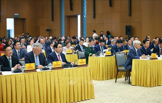 Thủ tướng Phạm Minh Chính chủ trì Hội nghị gặp mặt các doanh nghiệp với chủ đề “80 năm doanh nghiệp đồng hành cùng đất nước”. Ảnh: Dương Giang– TTXVN
