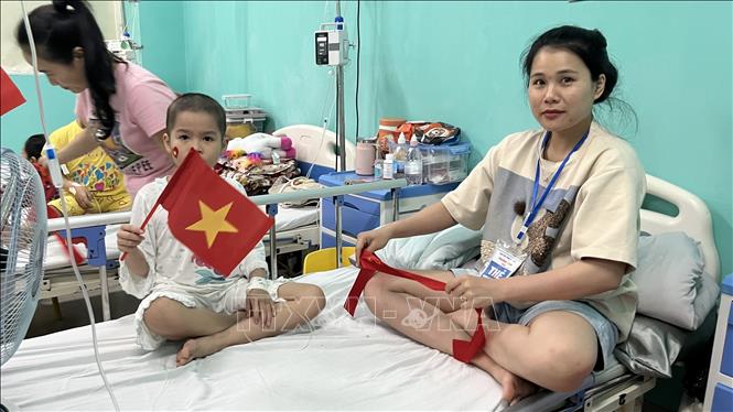 Các Bệnh nhi Bệnh viện Trung ương Huế được tặng cờ tổ quốc, hoà chung cùng không khí chào mừng Lễ Quốc Khánh 2/9. Ảnh: Văn Dũng- TTXVN