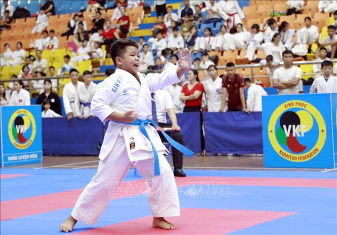 Vận động viên thi đấu thể thức Kumite cá nhân nam lứa tuổi 10 - 11 tuổi. Ảnh: Hoàng Hùng - TTXVN 
