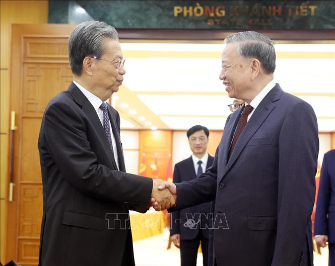 Tổng Bí thư Tô Lâm tiếp Ủy viên trưởng Nhân đại toàn quốc Trung Quốc Triệu Lạc Tế. Ảnh: Thống Nhất – TTXVN