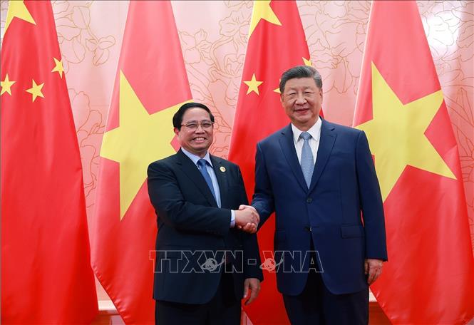 Thủ tướng Phạm Minh Chính hội kiến Tổng Bí thư, Chủ tịch nước Trung Quốc Tập Cận Bình. Ảnh: Dương Giang - TTXVN
