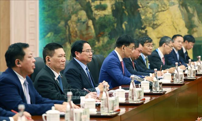Thủ tướng Phạm Minh Chính phát biểu tại cuộc hội kiến Tổng Bí thư, Chủ tịch nước Trung Quốc Tập Cận Bình. Ảnh: Dương Giang-TTXVN
