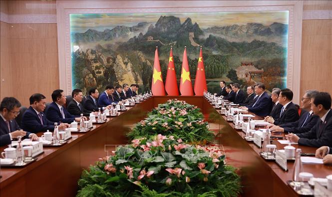 Thủ tướng Phạm Minh Chính hội kiến Tổng Bí thư, Chủ tịch nước Trung Quốc Tập Cận Bình. Ảnh: Dương Giang-TTXVN
