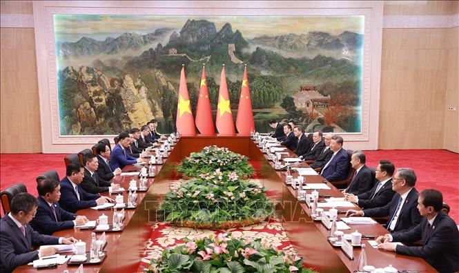 Thủ tướng Phạm Minh Chính hội kiến Tổng Bí thư, Chủ tịch nước Trung Quốc Tập Cận Bình. Ảnh: Dương Giang-TTXVN
