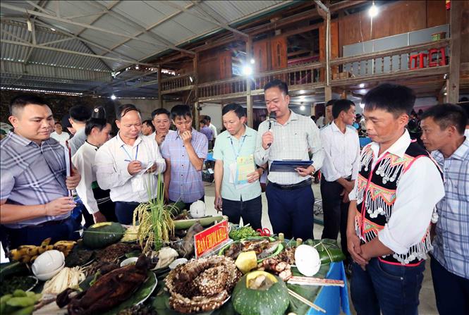 Thi ẩm thực, trưng bày mâm cỗ truyền thống tại Lễ hội mừng cơm mới xã Ngọc Chiến năm 2025. Ảnh: Quang Quyết - TTXVN