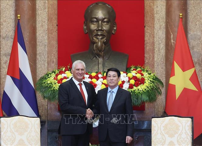 Chủ tịch nước Lương Cường hội kiến Bí thư thứ Nhất Đảng Cộng sản Cuba, Chủ tịch nước Cuba Miguel Díaz-Canel Bermúdez. Ảnh: Lâm Khánh - TTXVN