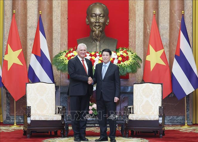 Chủ tịch nước Lương Cường hội kiến Bí thư thứ Nhất Đảng Cộng sản Cuba, Chủ tịch nước Cuba Miguel Díaz-Canel Bermúdez. Ảnh: Lâm Khánh - TTXVN
