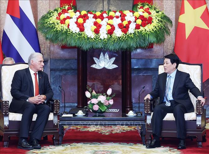 Chủ tịch nước Lương Cường hội kiến Bí thư thứ Nhất Đảng Cộng sản Cuba, Chủ tịch nước Cuba Miguel Díaz-Canel Bermúdez. Ảnh: Lâm Khánh - TTXVN