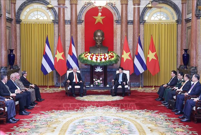 Chủ tịch nước Lương Cường hội kiến Bí thư thứ Nhất Đảng Cộng sản Cuba, Chủ tịch nước Cuba Miguel Díaz-Canel Bermúdez. Ảnh: Lâm Khánh - TTXVN