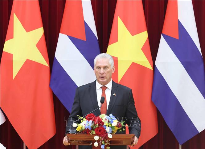 Bí thư thứ Nhất Đảng Cộng sản Cuba, Chủ tịch nước Cuba Miguel Díaz-Canel Bermúdez phát biểu. Ảnh: Thống Nhất – TTXVN