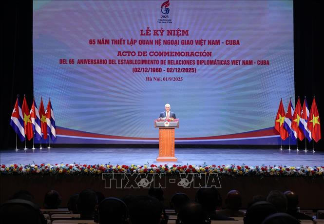 Bí thư thứ Nhất Ban Chấp hành Trung ương Đảng Cộng sản Cuba, Chủ tịch nước Cộng hòa Cuba Miguel Díaz-Canel Bermúdez phát biểu. Ảnh: Lâm Khánh - TTXVN