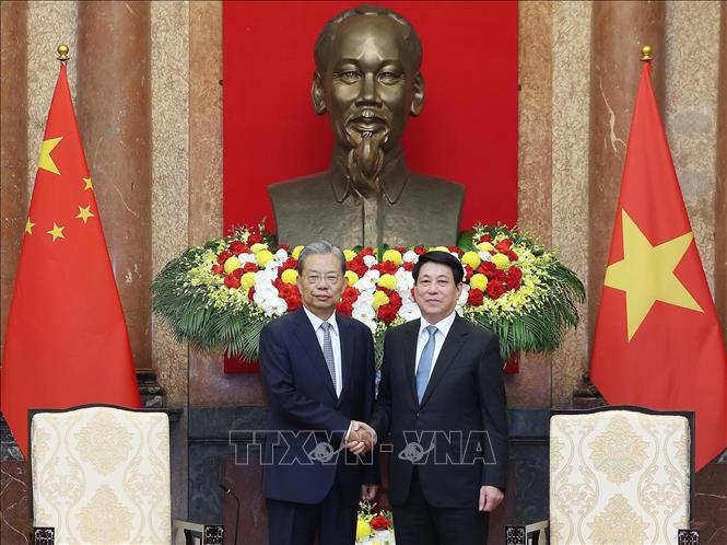 Chủ tịch nước Lương Cường tiếp Ủy viên trưởng Nhân đại toàn quốc Trung Quốc Triệu Lạc Tế. Ảnh: Lâm Khánh - TTXVN