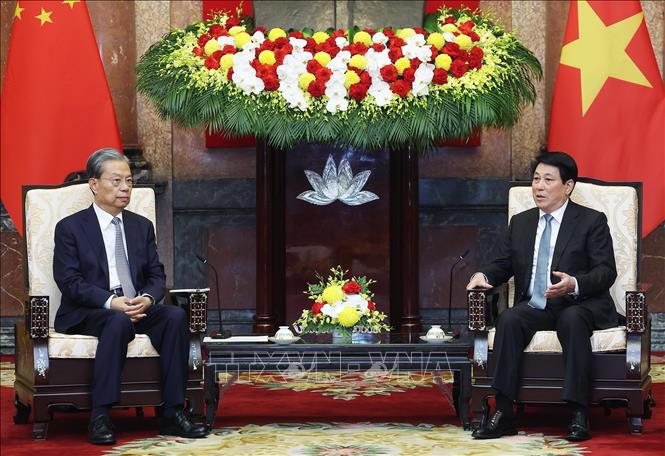 Chủ tịch nước Lương Cường tiếp Ủy viên trưởng Nhân đại toàn quốc Trung Quốc Triệu Lạc Tế. Ảnh: Lâm Khánh - TTXVN