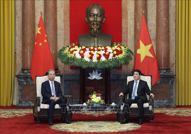 Chủ tịch nước Lương Cường tiếp Ủy viên trưởng Nhân đại toàn quốc Trung Quốc Triệu Lạc Tế. Ảnh: Lâm Khánh - TTXVN