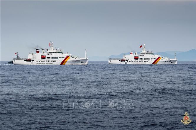 Biên đội tàu Kiểm ngư tham gia diễu binh trên biển. Ảnh: Quân chủng Hải quân/TTXVN phát